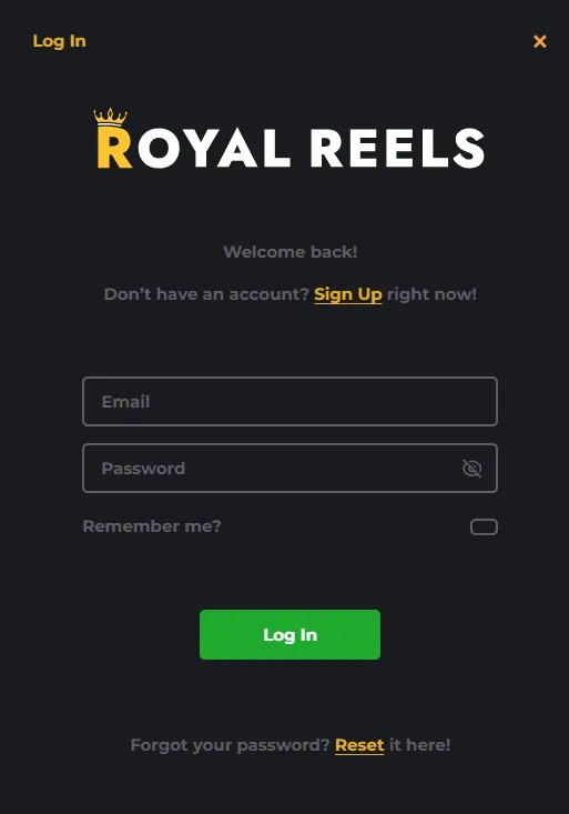 Royal Reels login page